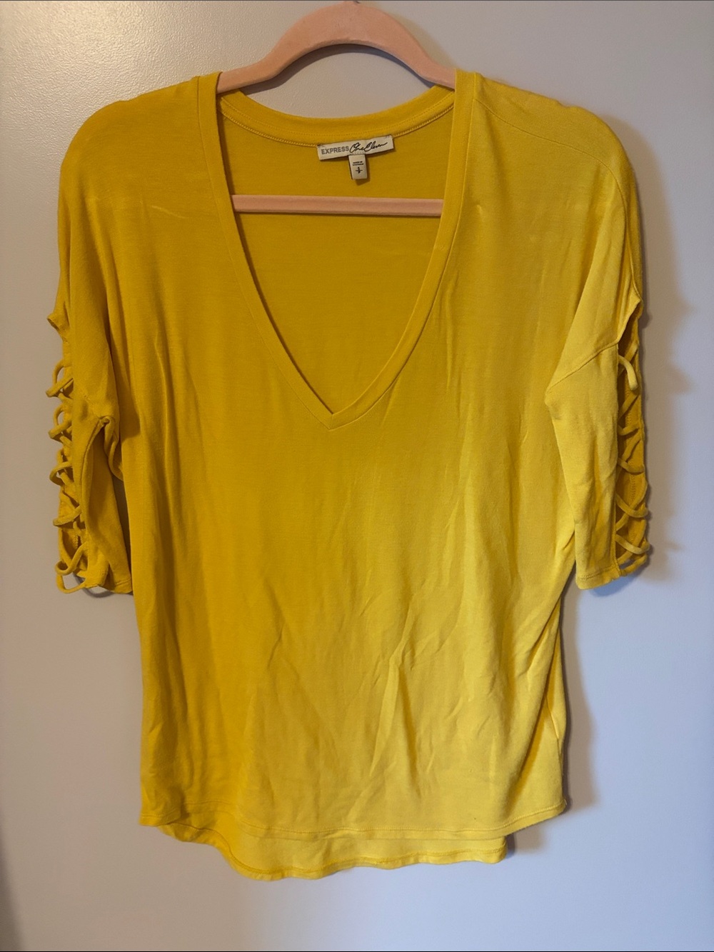 Express Yellow V-Neck Top with Lace-Up Sleeves